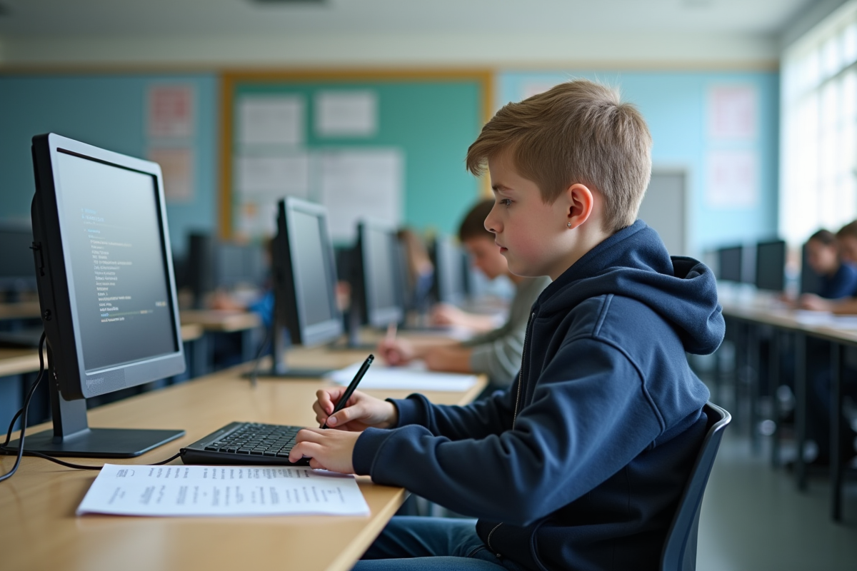 Adolescent étudiant la cybersécurité avec manuel et tablette en classe