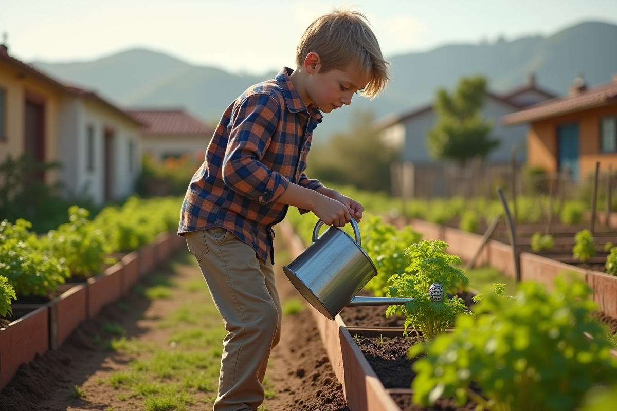 Adolescent arrosant des jeunes carottes dans un jardin communautaire