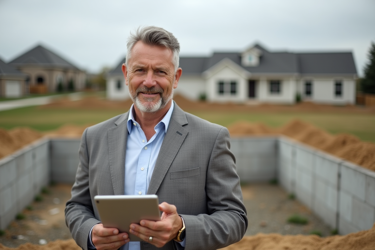 Architecte posant sur un terrain avec fondation en béton