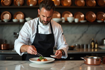 Chef français en cuisine sophistiquée en train de dresser un plat