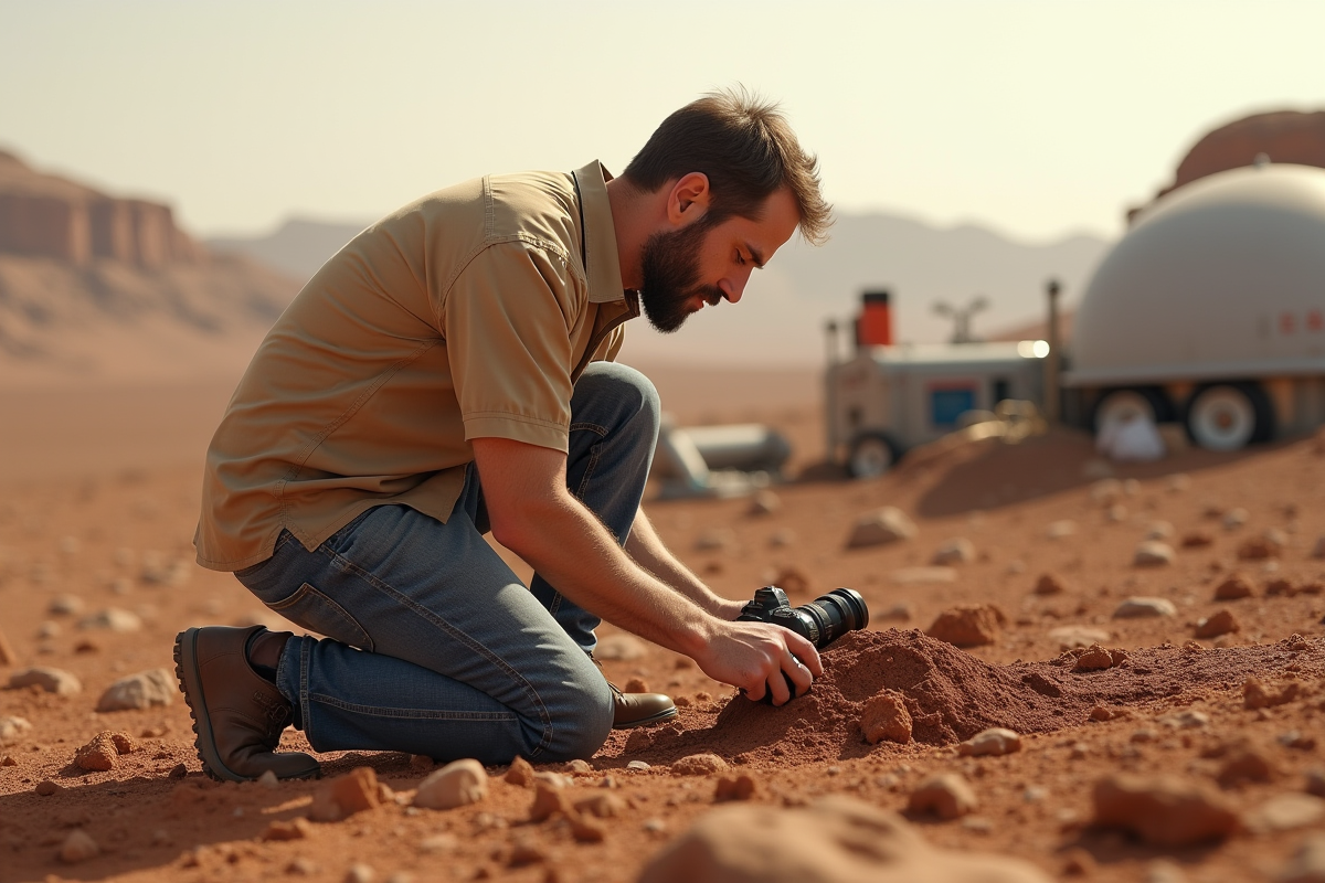Chercheur en exploration martienne collectant des échantillons de sol