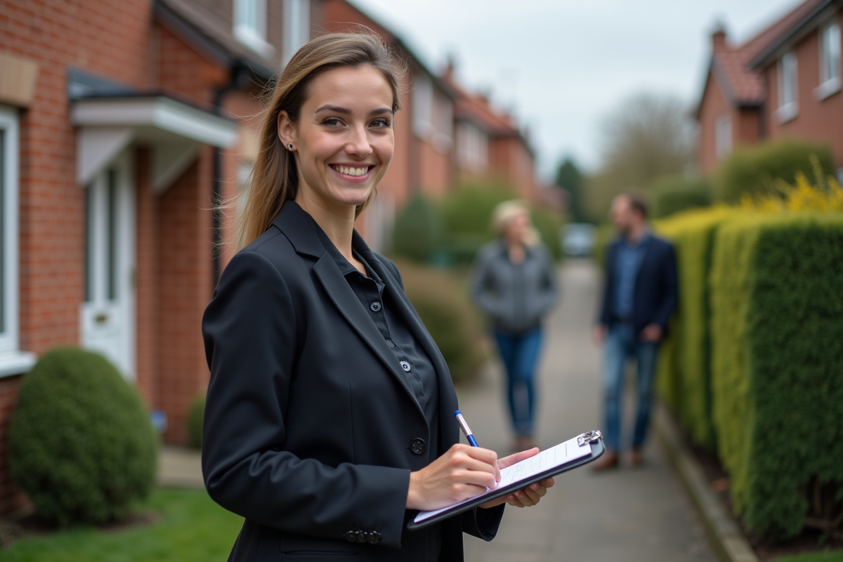 Consultante immobiliere souriante devant une maison de banlieue