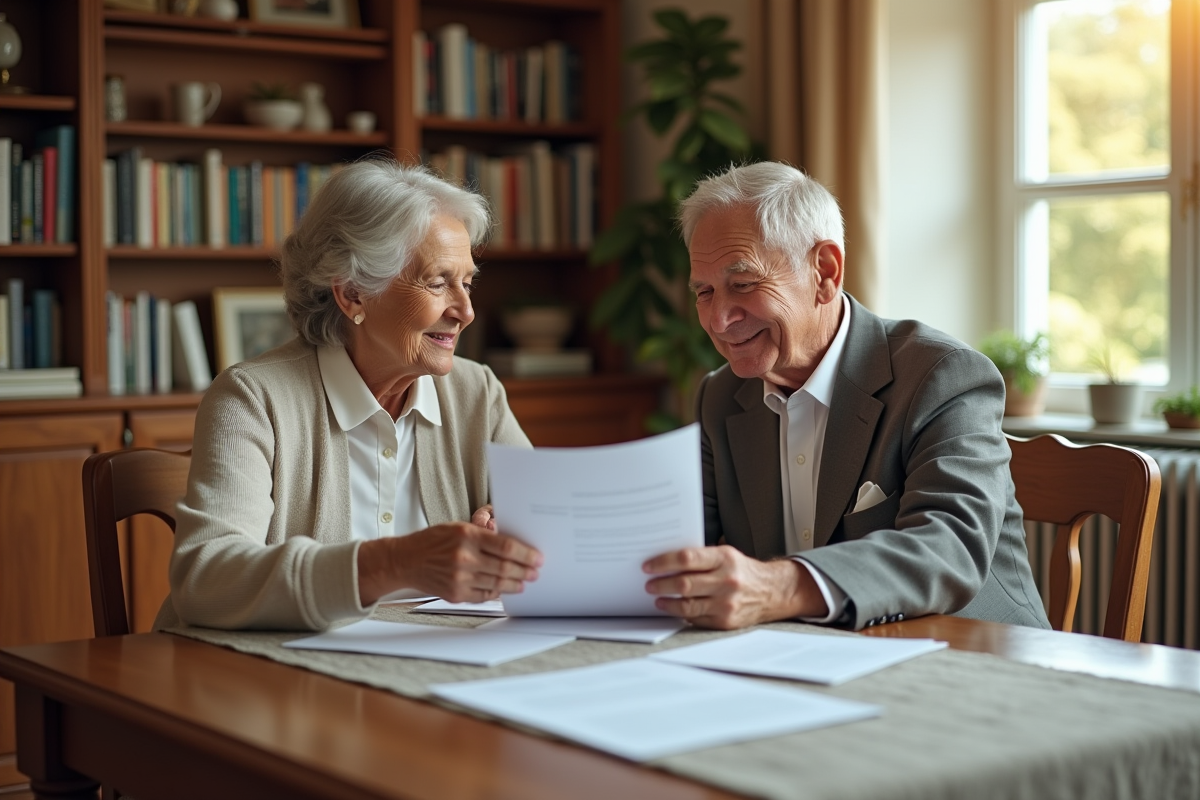 Couple âgé discutant de documents dans un salon lumineux