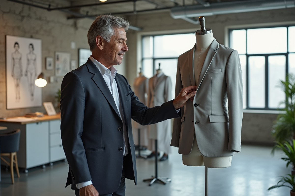 Designer homme examinant un vêtement sur un mannequin en showroom