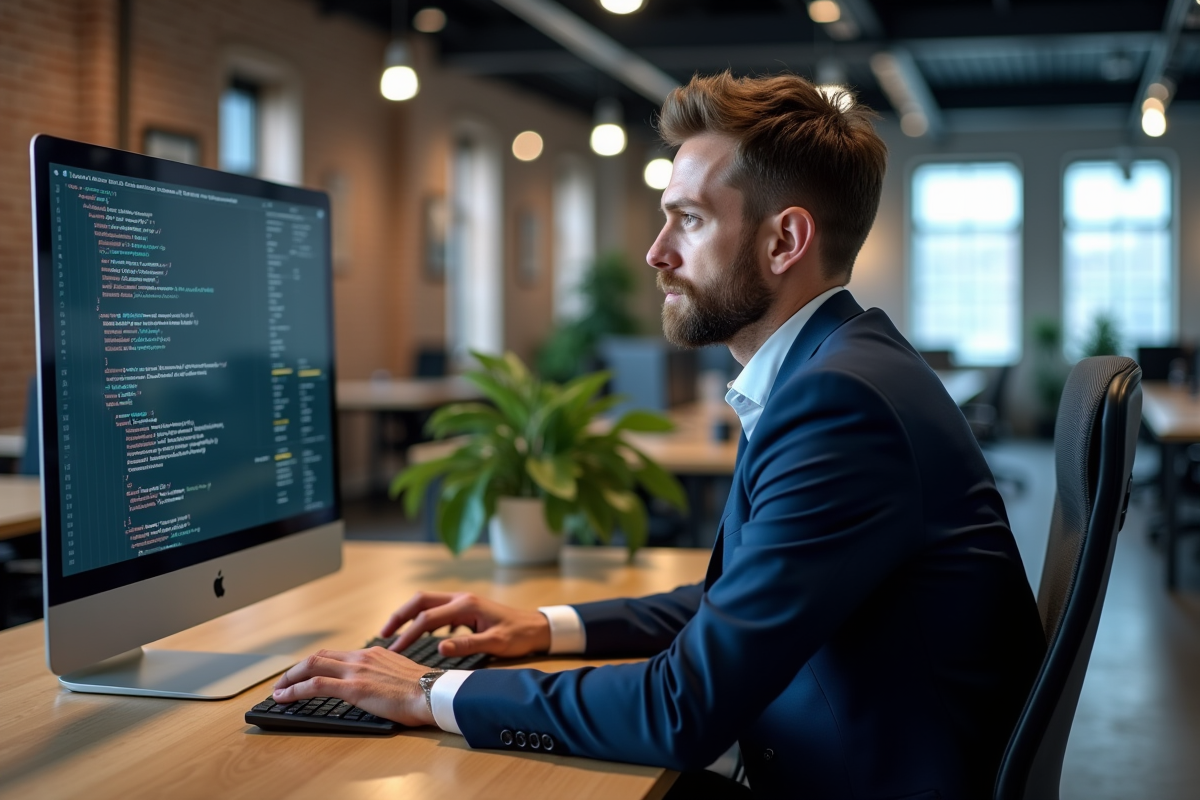 Homme en costume codant sur un ordinateur dans un bureau moderne