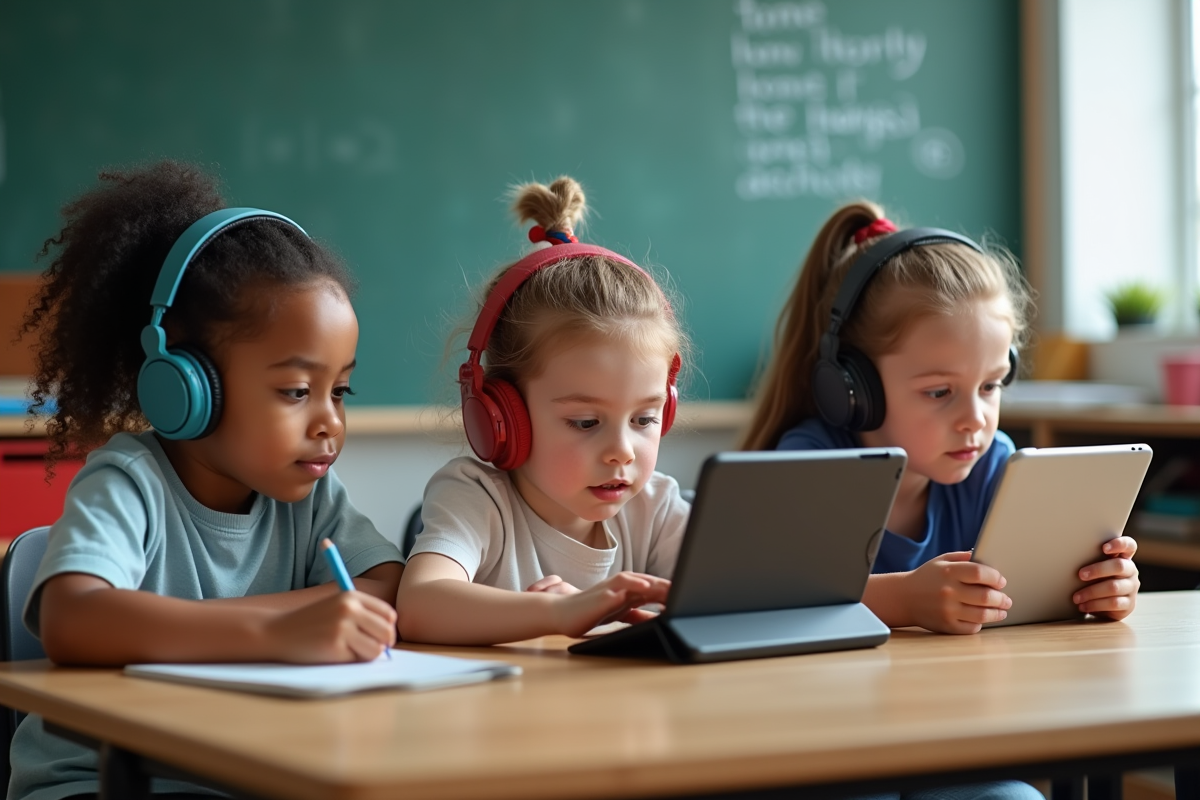 Trois enfants concentr&eacute;s sur leurs tablettes en classe