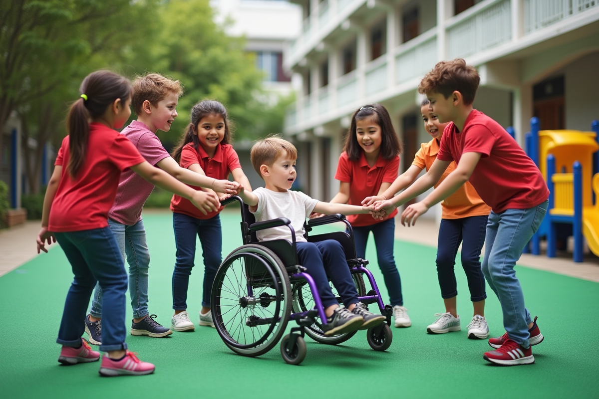 Enfants de différentes origines jouant ensemble dans la cour