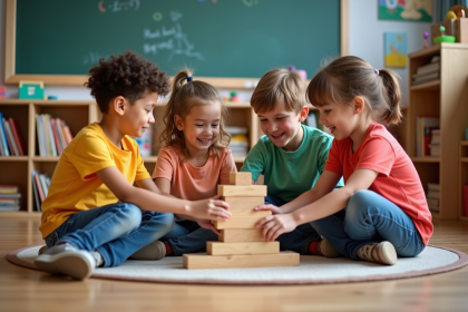 Groupe d'enfants construisant une tour avec des blocs en classe