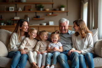 Famille multigenerationale réunie dans le salon chaleureux
