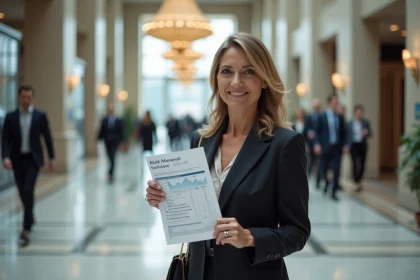 Femme d'affaires dans une banque avec données économiques