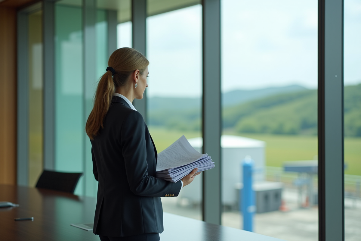 Femme d affaires regardant usine hydrogene au loin