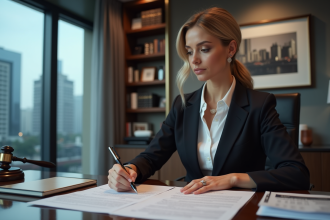 Femme d'affaires en bureau avec documents de prêt immobilier