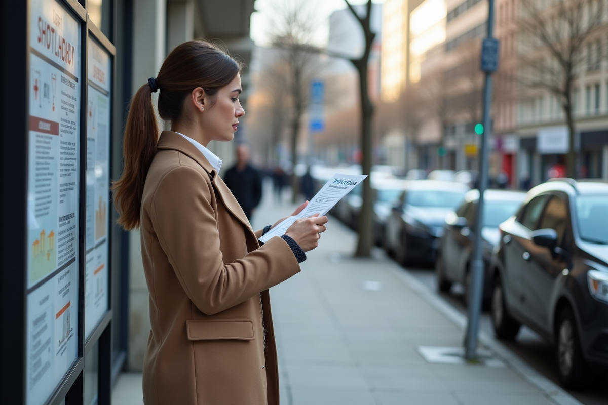Jeune femme lisant une notice Crit’Air sur un panneau urbain