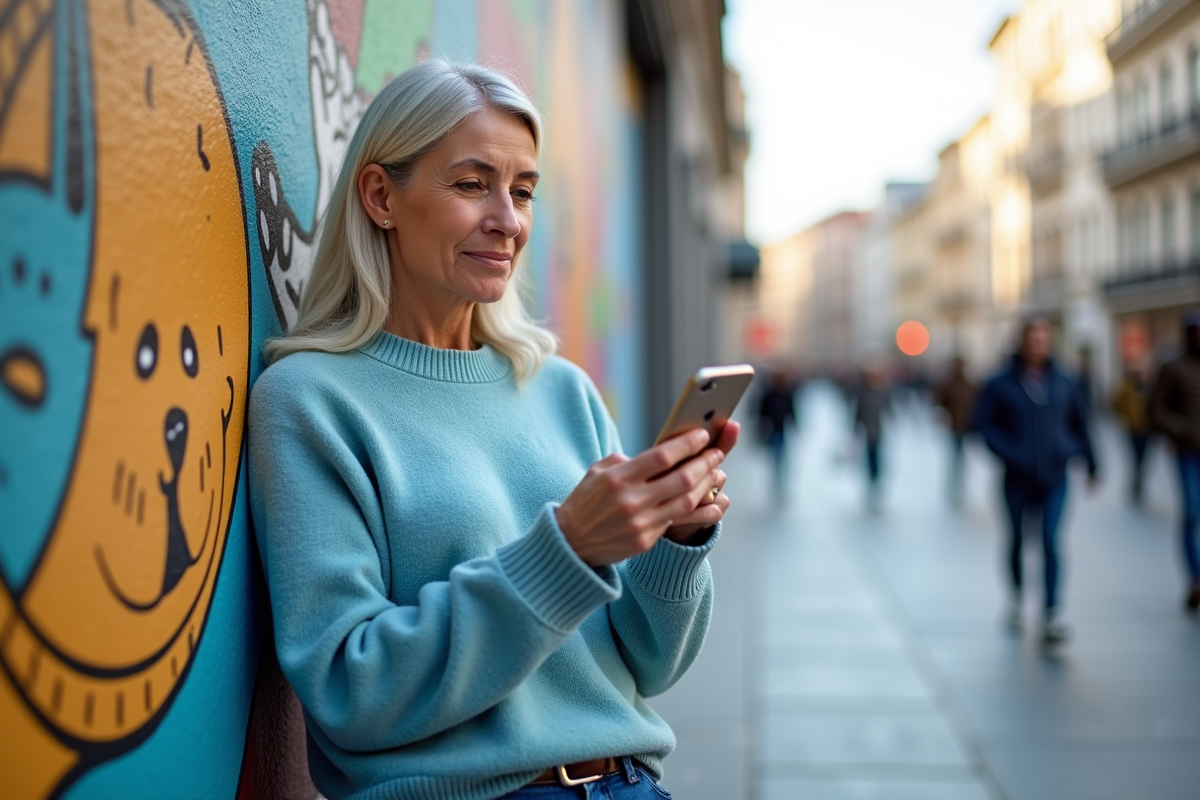 Femme regardant une application crypto devant un mur mural
