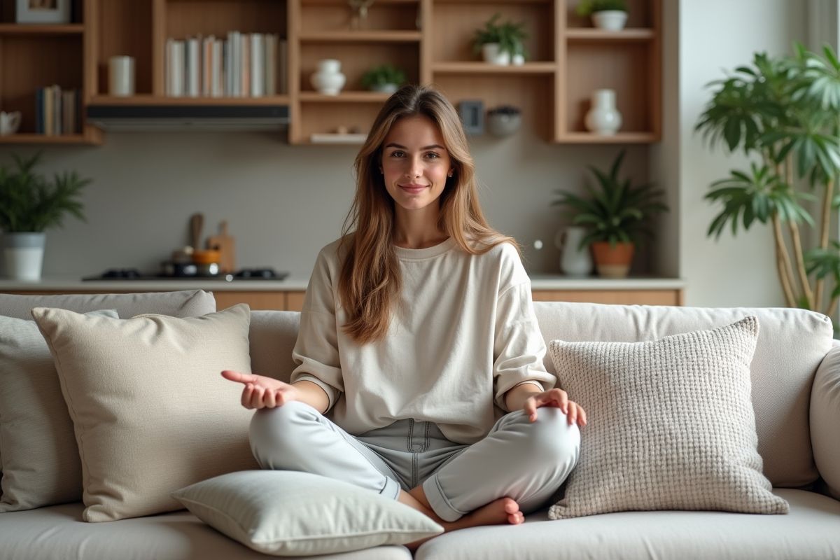Jeune femme arrangeant des coussins dans un salon moderne