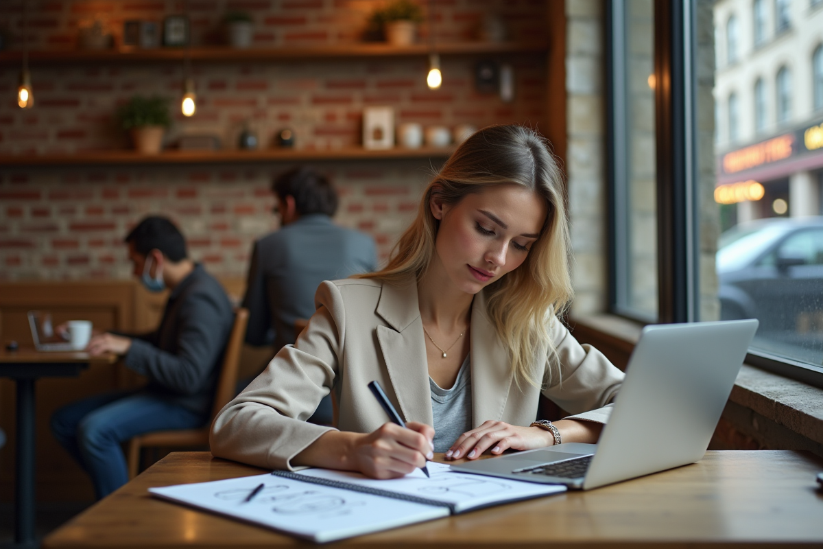 Jeune femme dessinant des concepts de marque dans un café