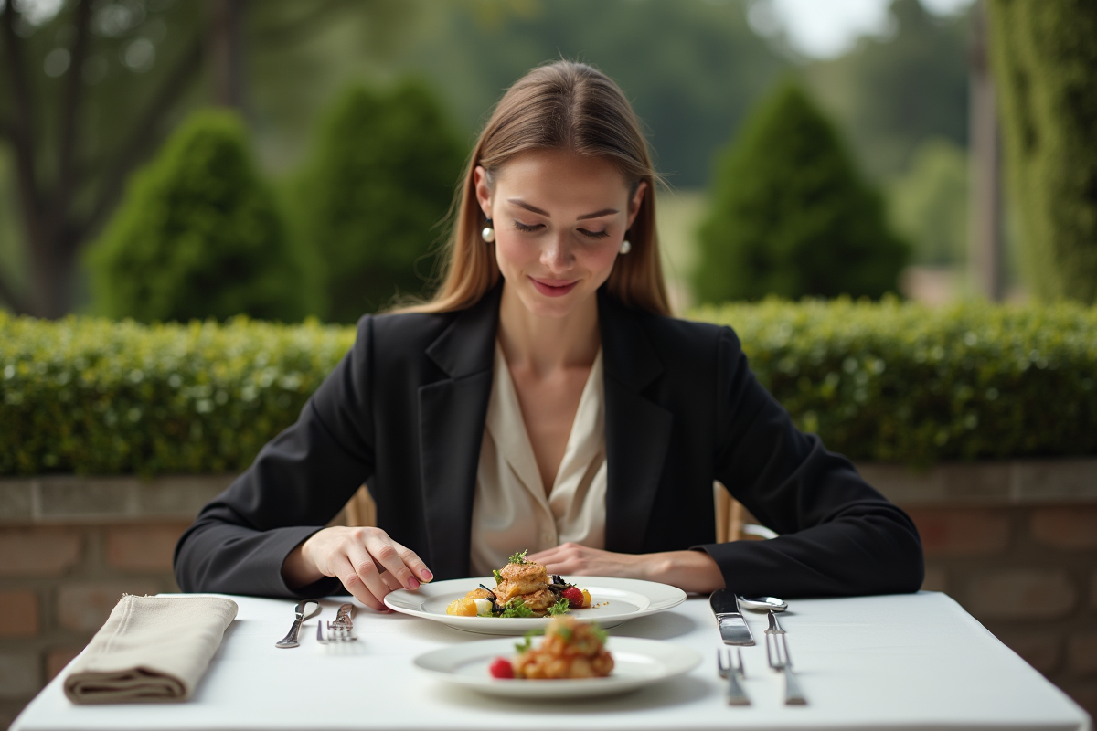 Femme élégante dégustant un menu dans un jardin raffine