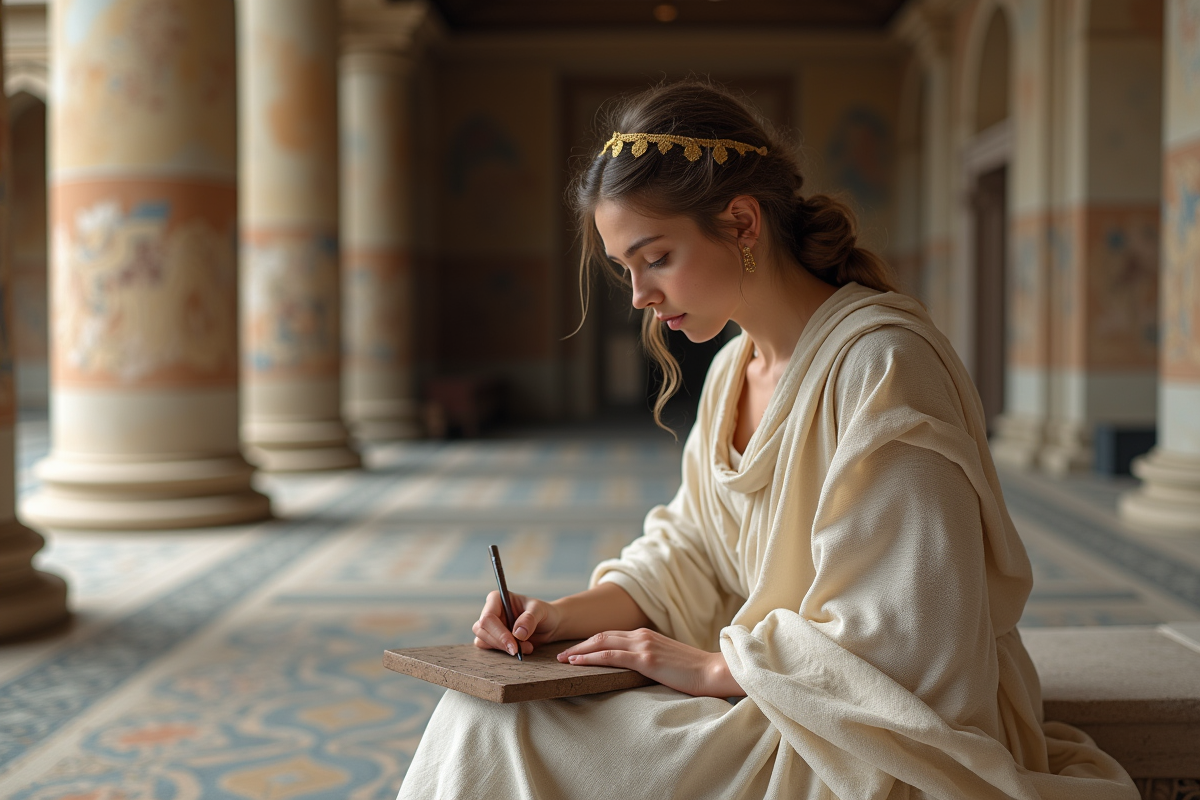 Jeune femme grecque écrivant sur une tablette en intérieur