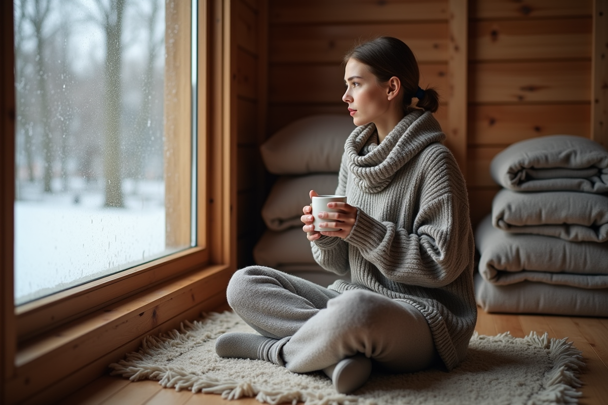 Jeune femme dans un intérieur chaud avec tasse en main