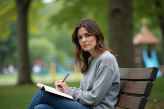 Femme en pleine nature journaling dans un parc