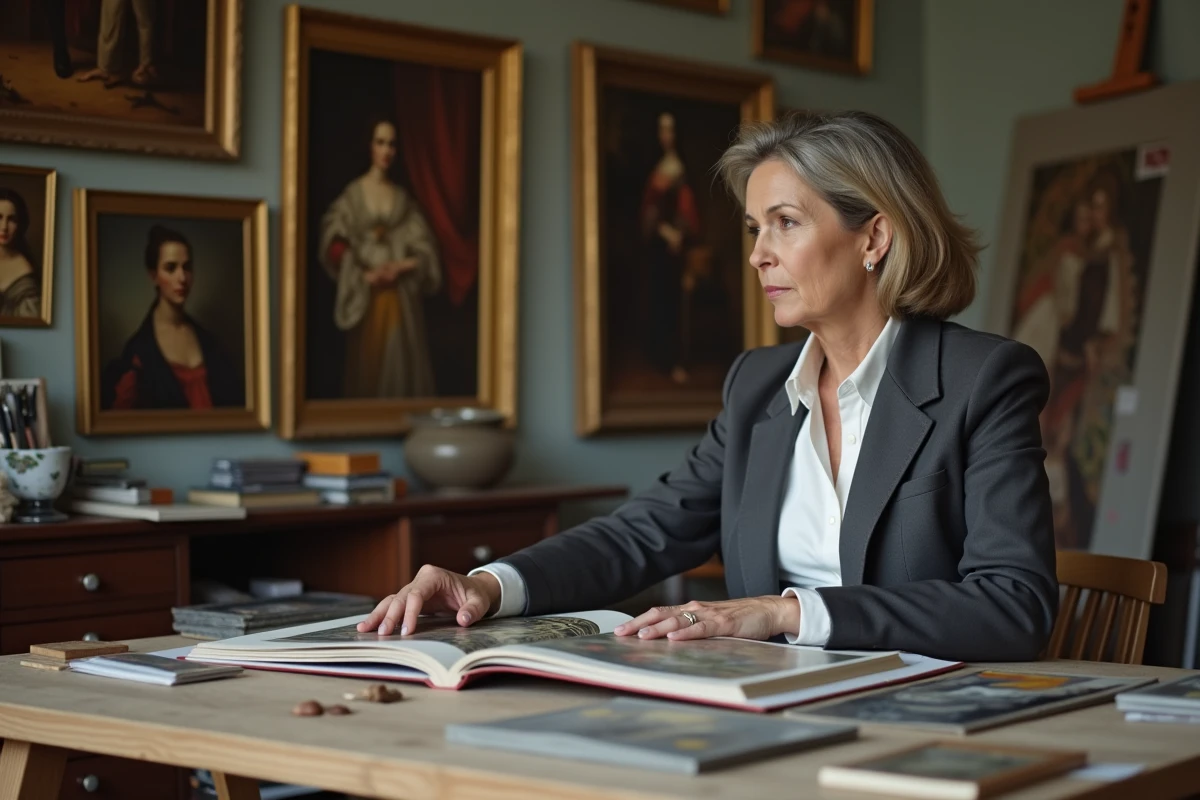 Femme d'âge moyen feuilletant un livre d'art dans un studio élégant