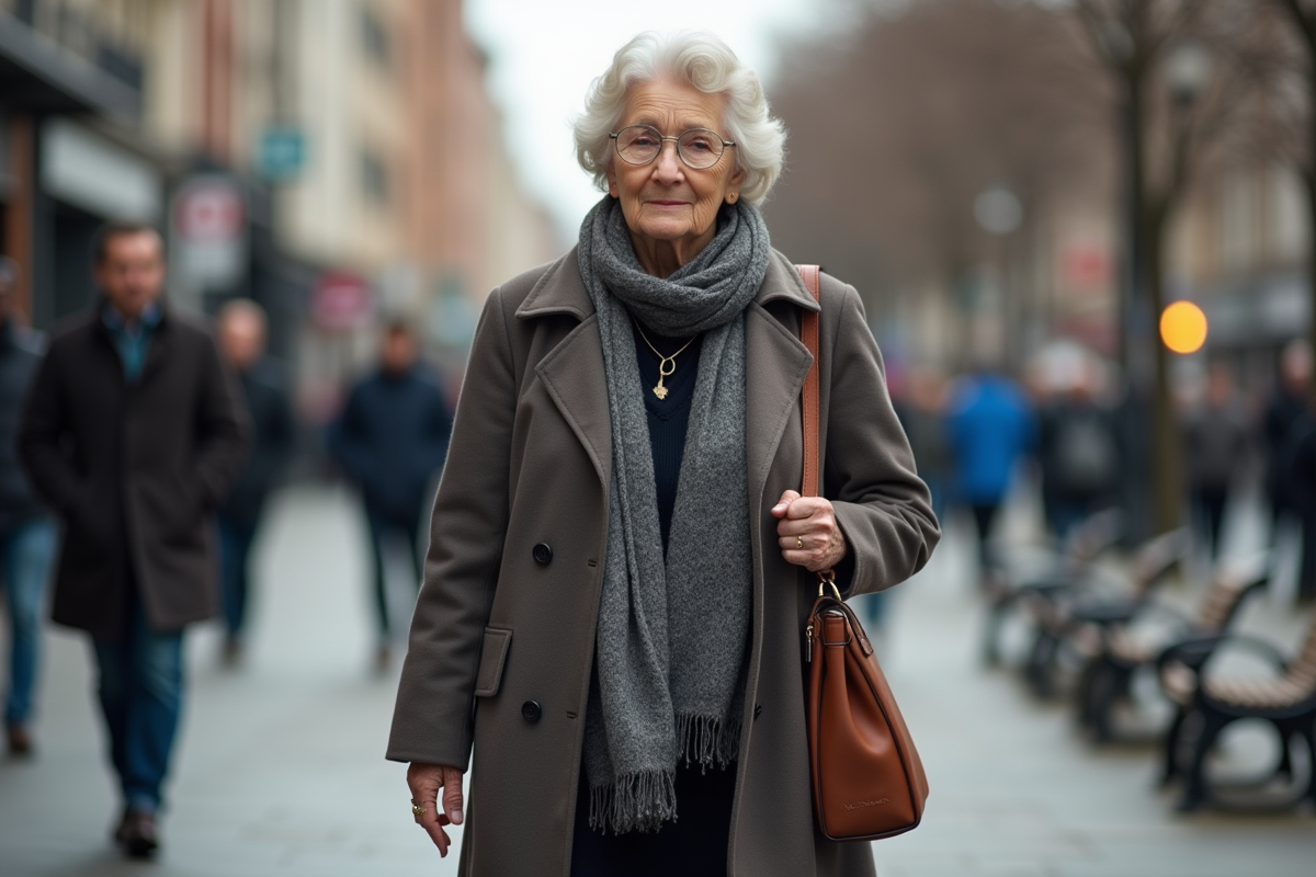 Femme âgée marchant dans une rue urbaine animée