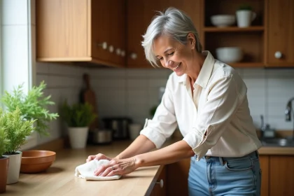 Femme souriante nettoyant une cuisine écologique