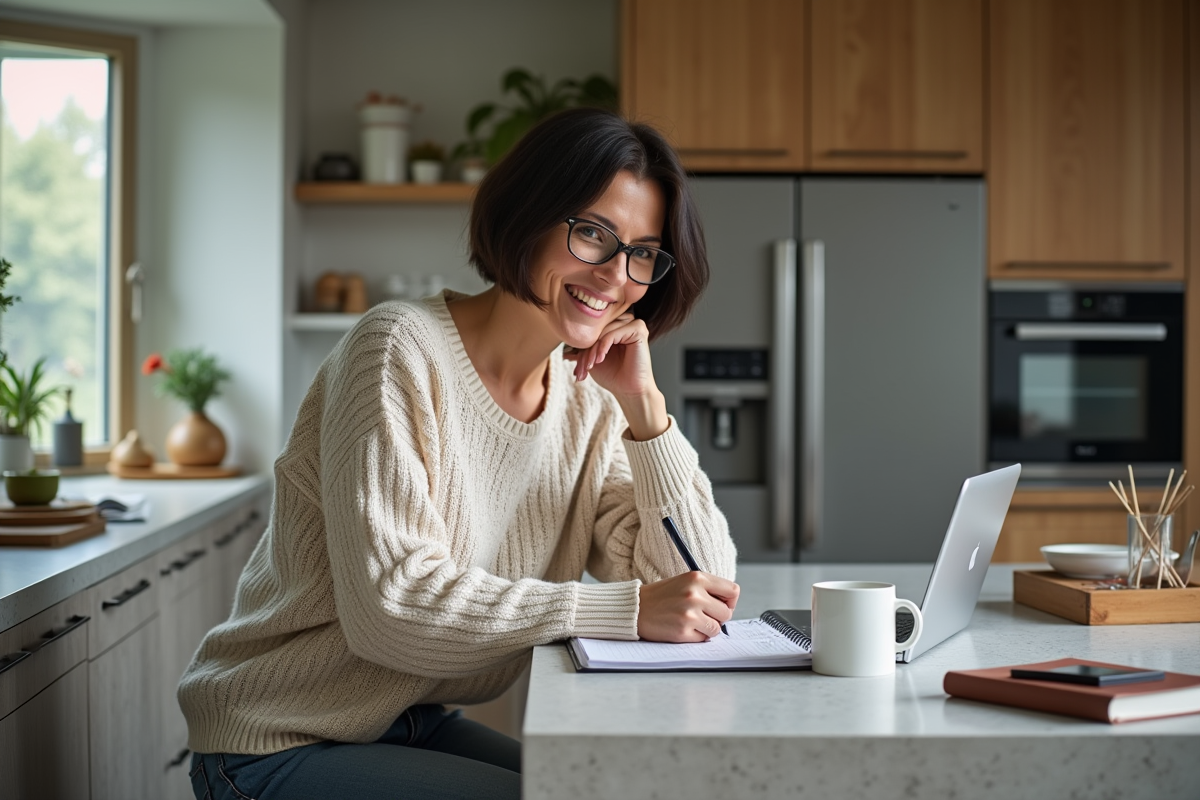 Femme écrivant une liste de contrôle dans la cuisine