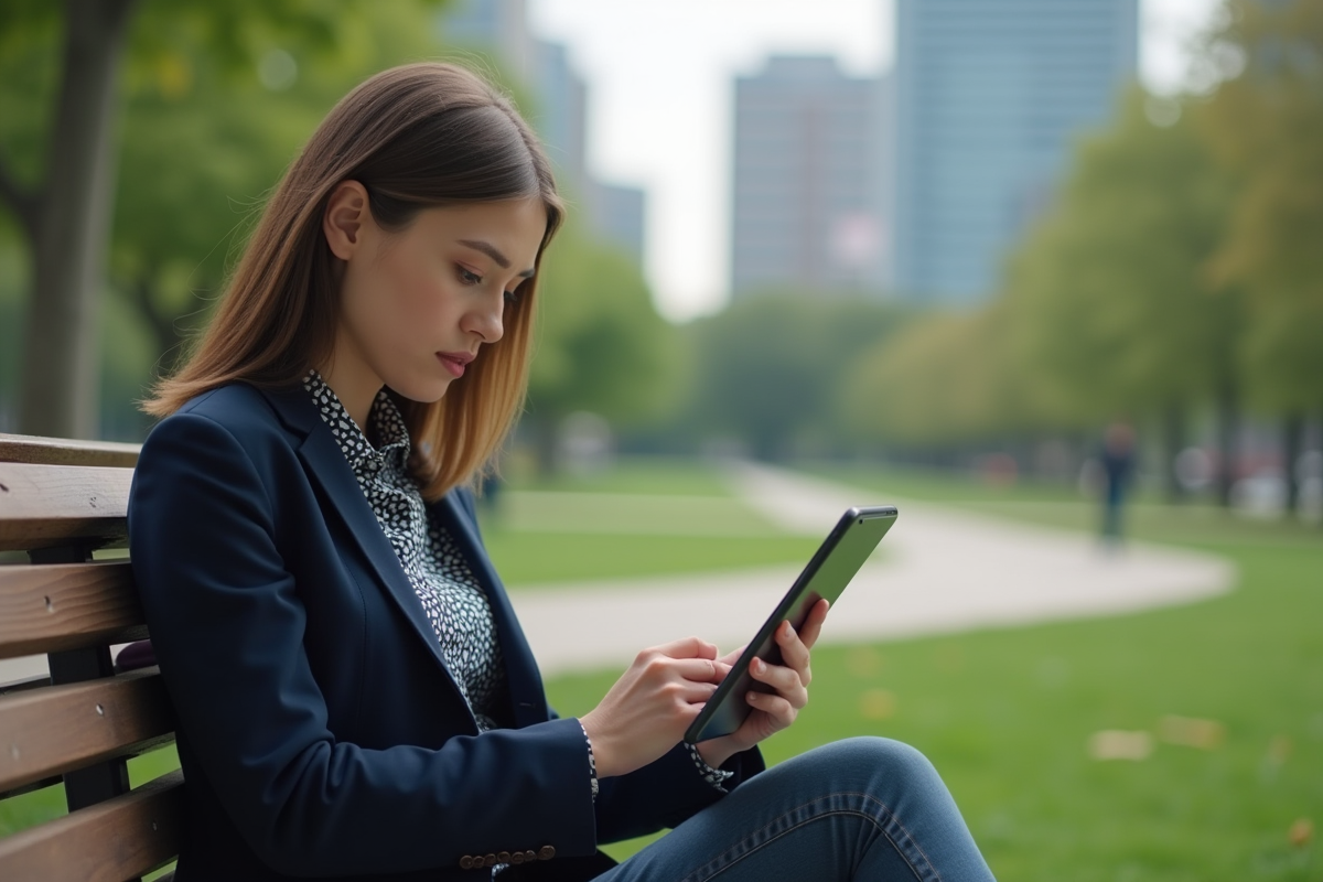 Jeune femme lisant un rapport financier sur une banquette dans un parc