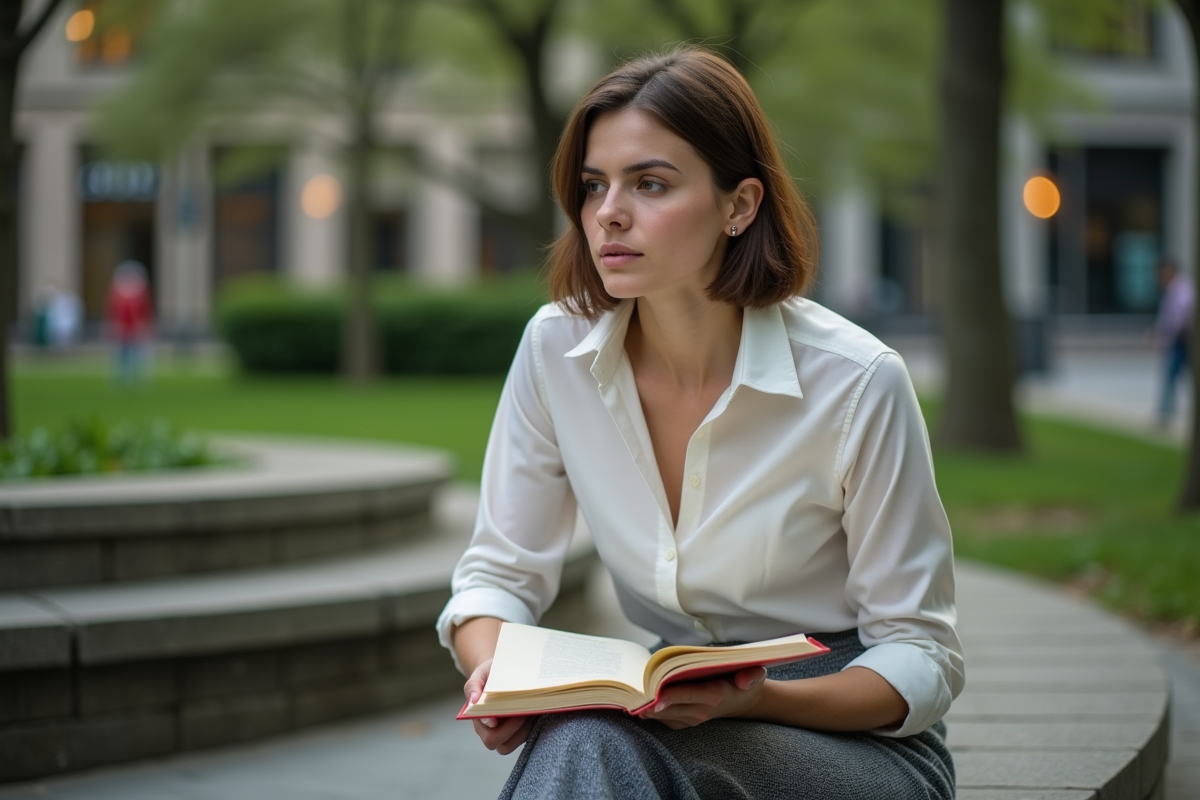 Femme pensive assise dans un parc urbain avec livre fermé