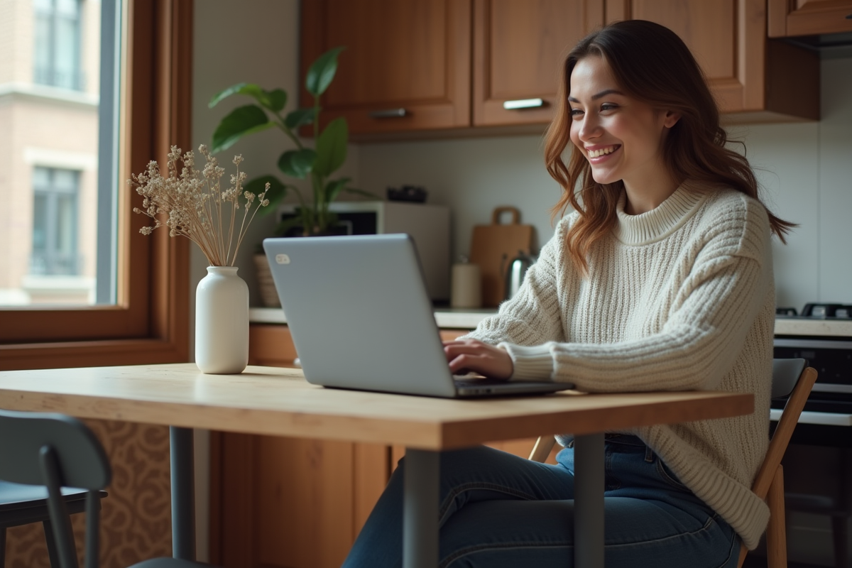 Jeune femme utilisant un portefeuille numérique à la maison