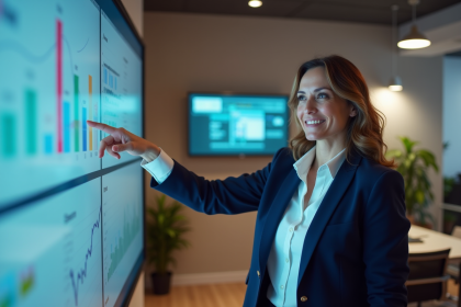 Femme confiante en blazer pointant un écran digital avec graphiques