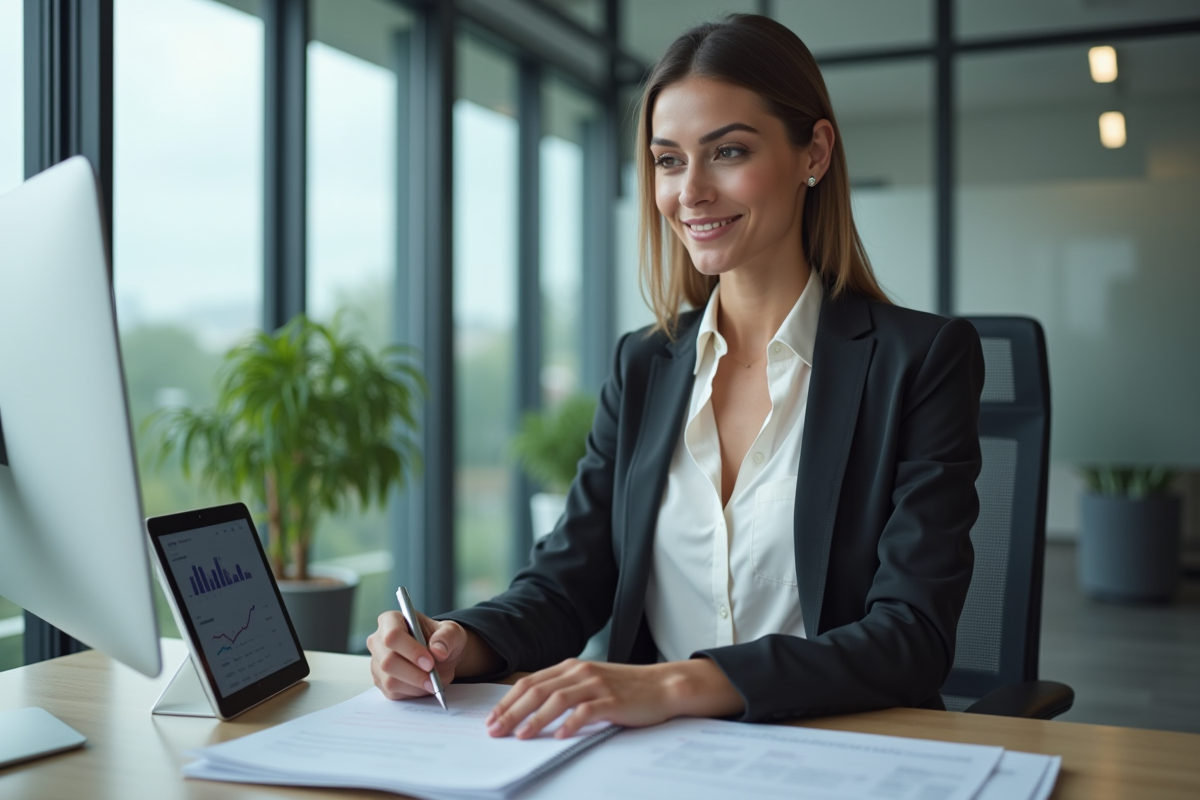 Jeune femme professionnelle utilisant une tablette dans un bureau moderne