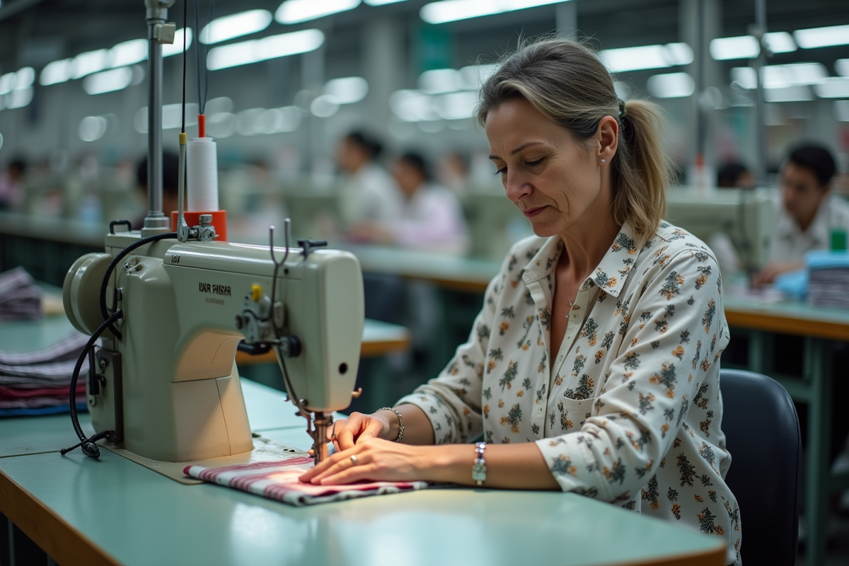 Femme cousant un tissu imprimé sur une machine industrielle