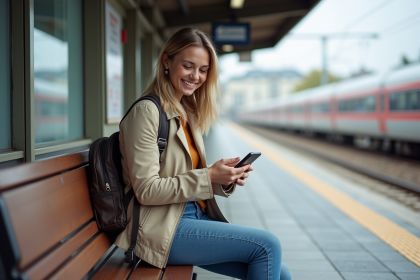 Jeune femme souriante utilisant son smartphone à la gare