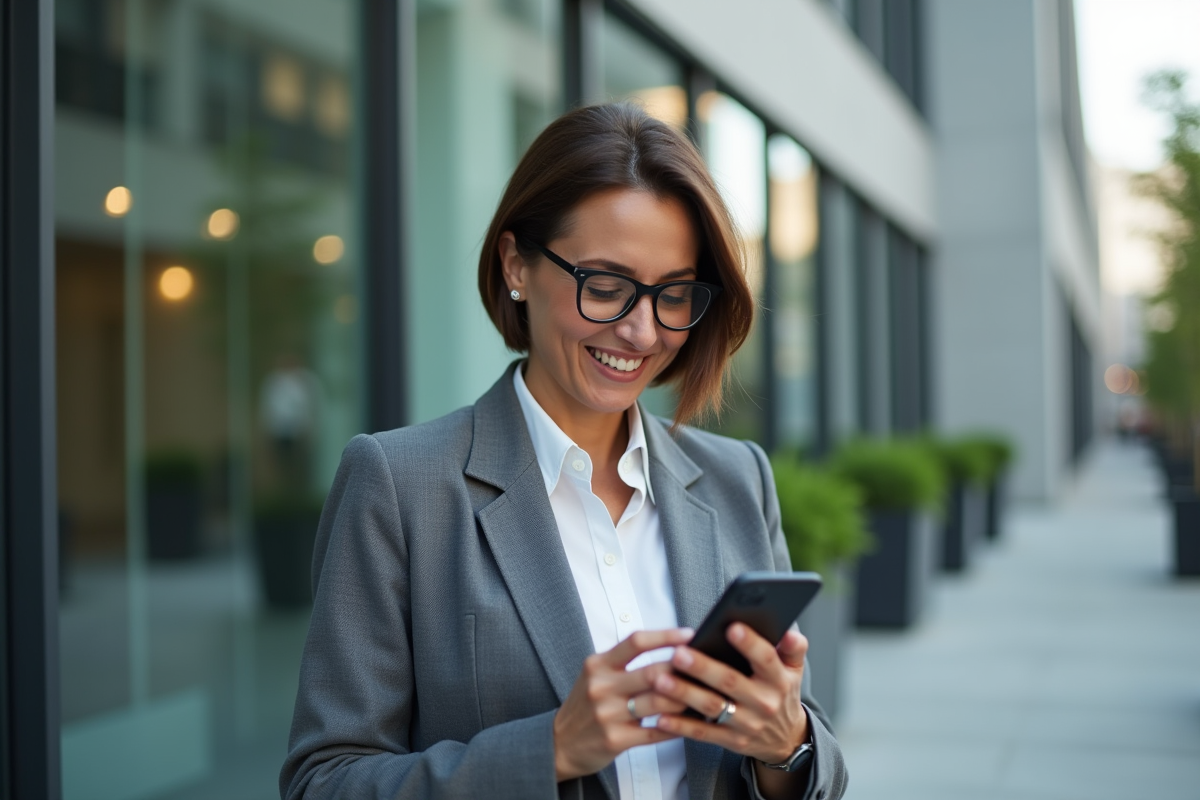 Femme professionnelle souriante vérifiant son téléphone en extérieur