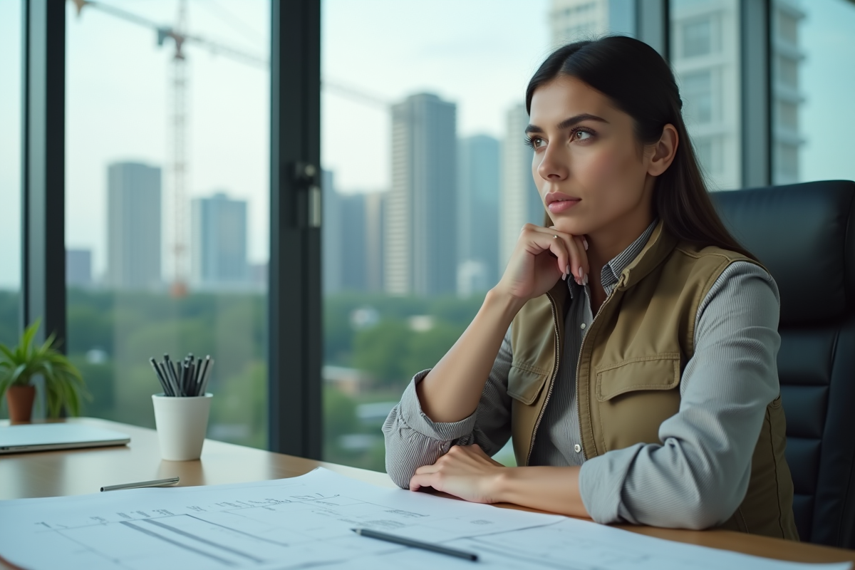 Femme prospectrice en bureau avec plans et ville en arrière-plan