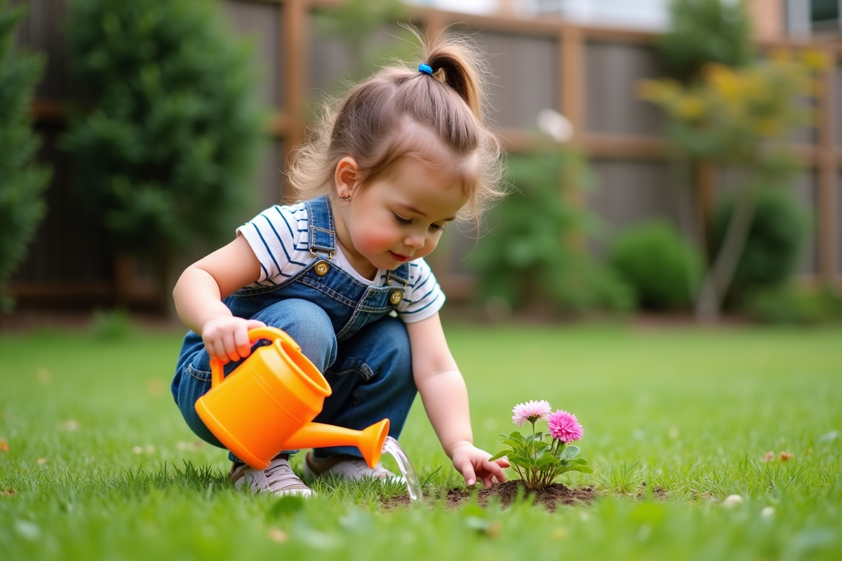 Fille de deux ans arrose des fleurs dans le jardin