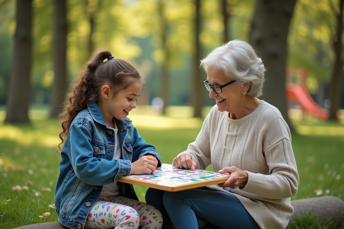 Fille jouant à un jeu de société avec sa grand-mère dans un parc