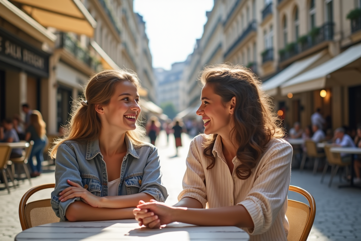 Fille et mère assises à un café en plein air en ville