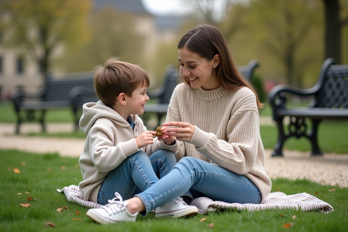 Jeune femme et enfant partageant un pique-nique dans un parc