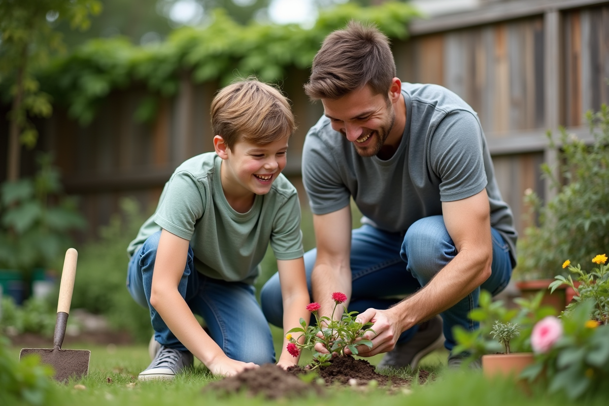 Adolescent et son père plantant des fleurs dans le jardin