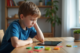 Garçon ennuyé à la table avec jeux éducatifs et tablette