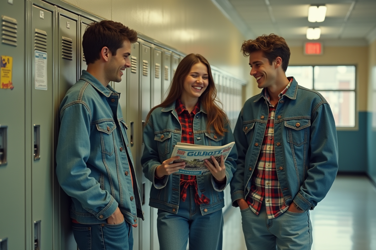 Trois amis en streetwear années 90 dans un couloir