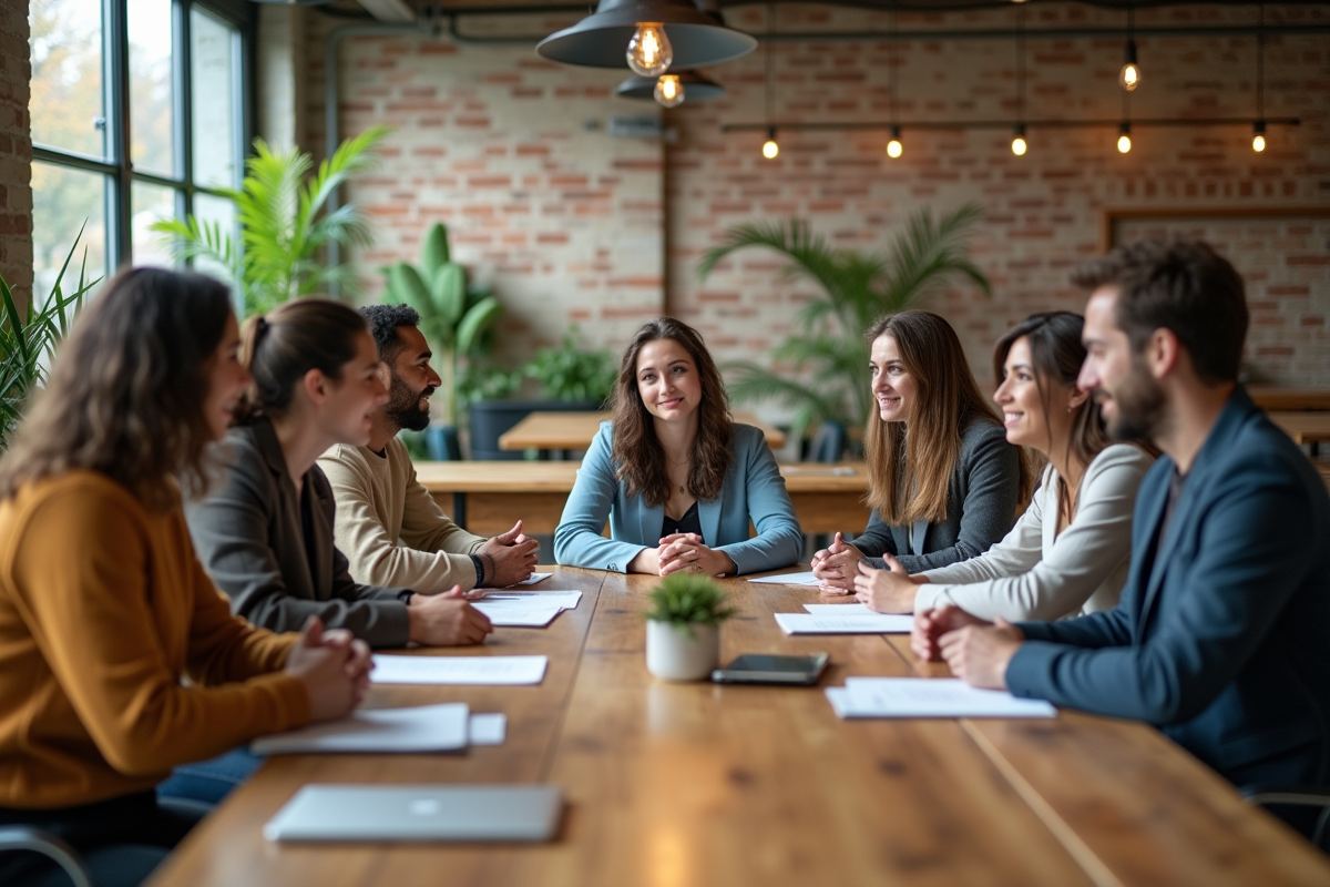 Groupe de jeunes discutant stratégies durables en coworking