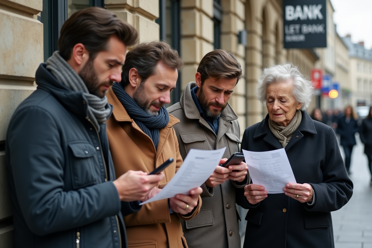 Groupe de Français regardant leurs relevés bancaires dans la rue