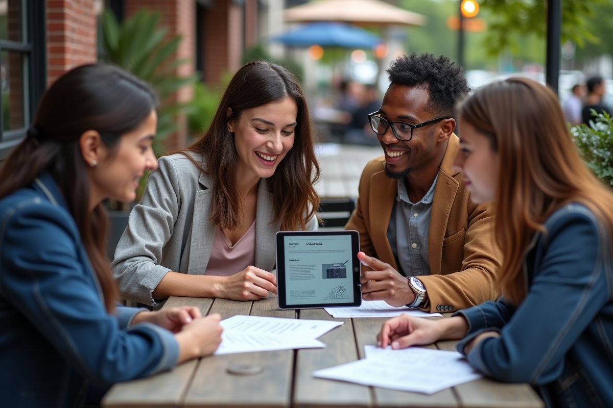 Jeunes professionnels discutant autour d une table de café en ville