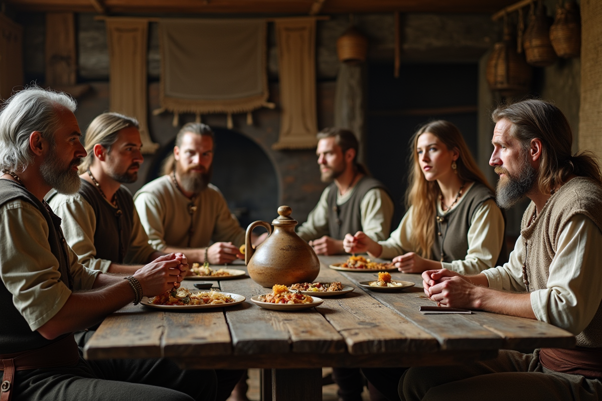 Groupe de Vikings partageant un repas dans une longère