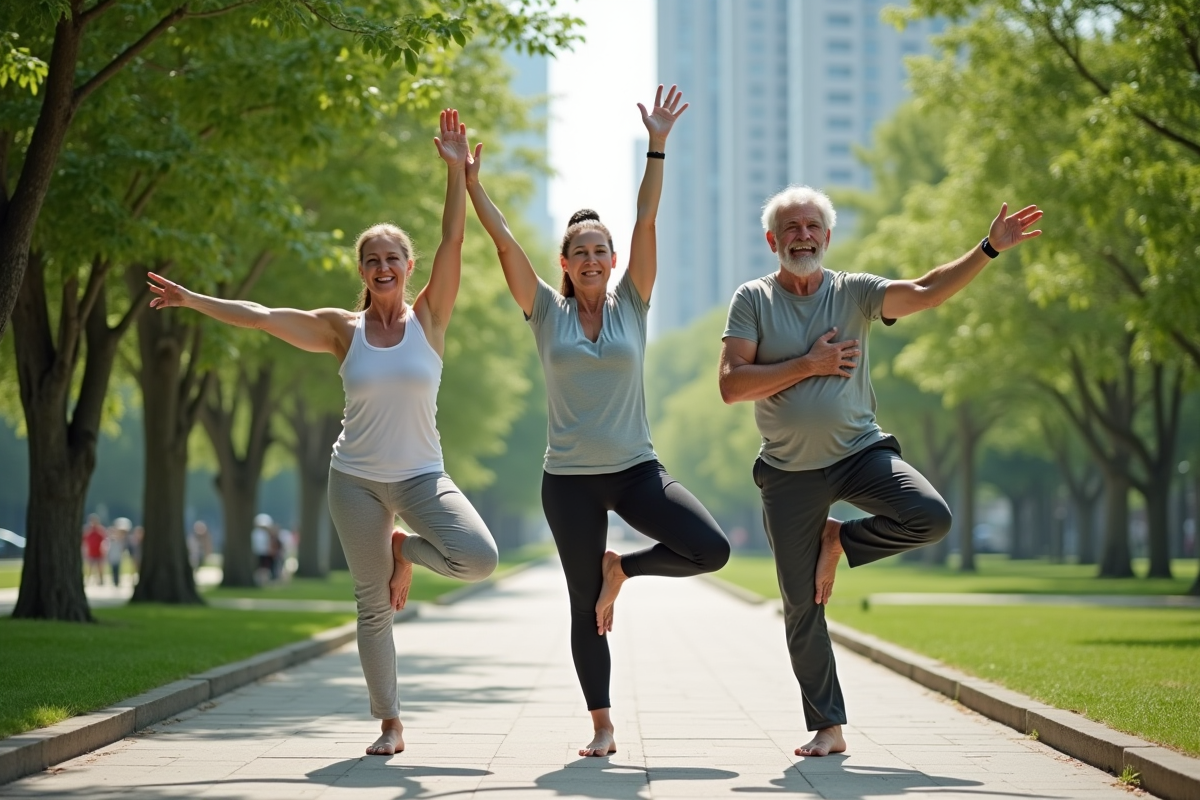 Groupe de seniors pratiquant le yoga dans un parc