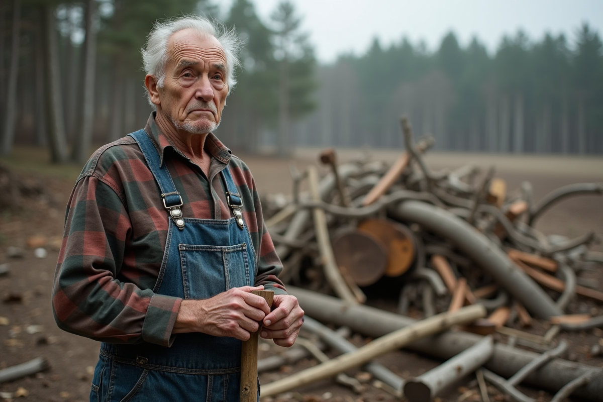 Homme âgé surveillant des troncs abattus dans la forêt